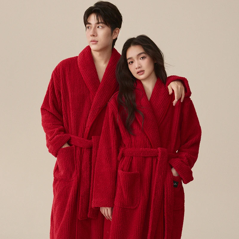 ثوب نوم طويل من الصوف المرجاني للزوجين للخريف والشتاء، لون سادة بسيط، شعور راقي، مناسب للارتداء المنزلي في الخارج في واي #4
