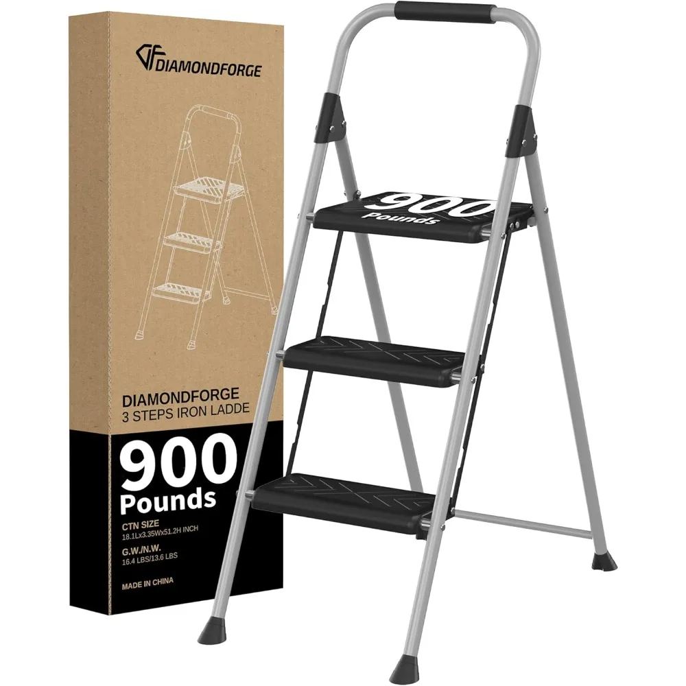 

3 Step Ladder, Folding Step Stool with Anti-Slip Wide Pedal, Soft Handle, Anti-Slip Feet, Sturdiest Steel Construction, 900lbs C