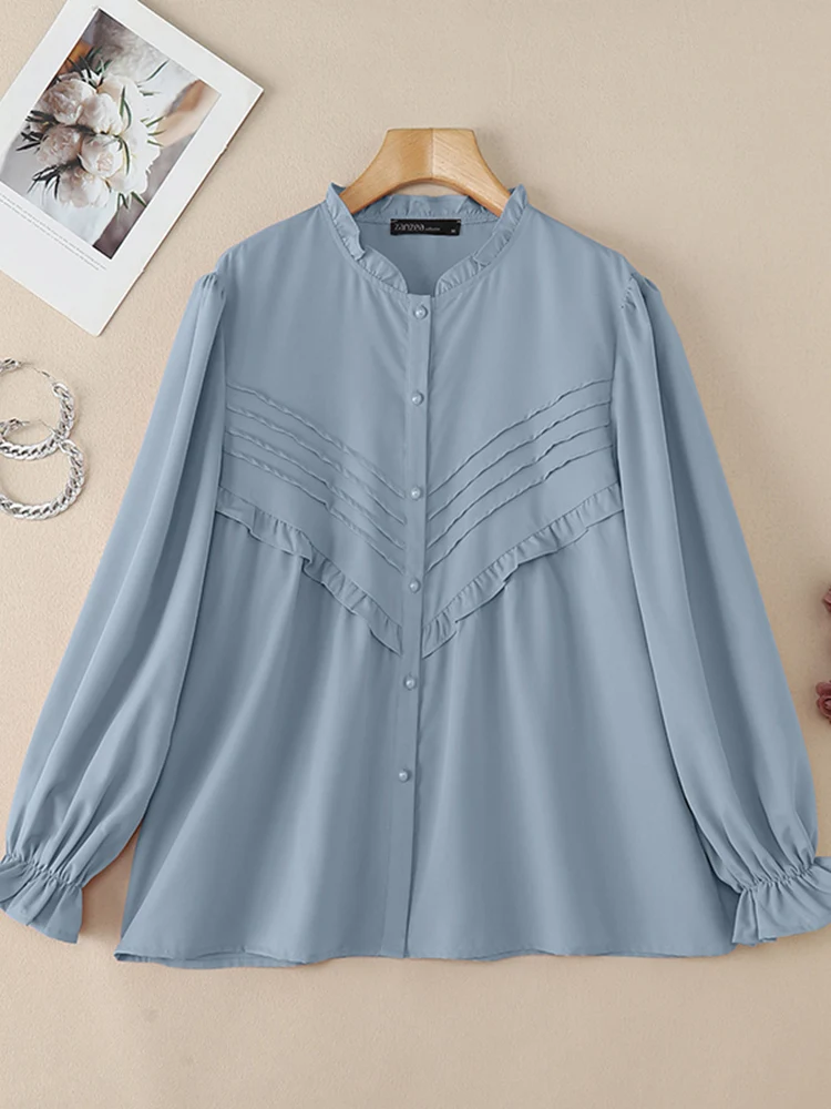 

Повседневная рубашка с длинным рукавом и круглым вырезом ZANZEA, весенняя женская туника, топы для офисной работы, блузка, повседневная однотонная блузка на пуговицах, женская туника, топы