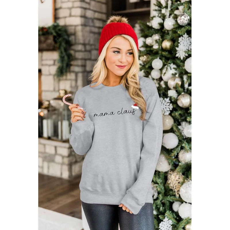 Merry Christmas sweatshirt women's gray mom pullover casual round neck holiday long sleeved shirt top