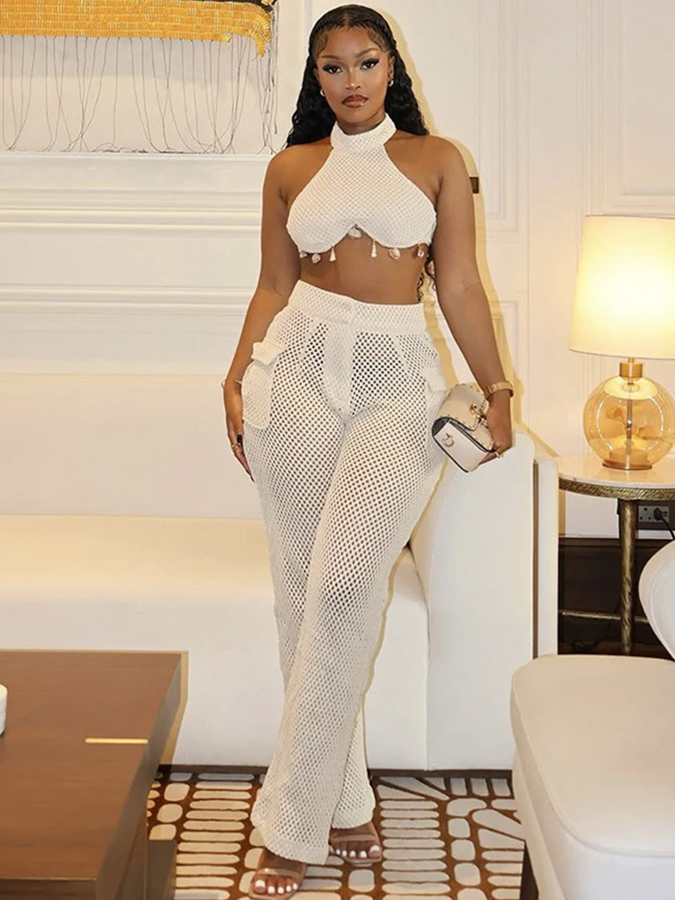 Roupas femininas de verão novo conjunto de duas peças streetwear sexy halter topo e calça conjunto malha transparente outifts atacado dropshipping