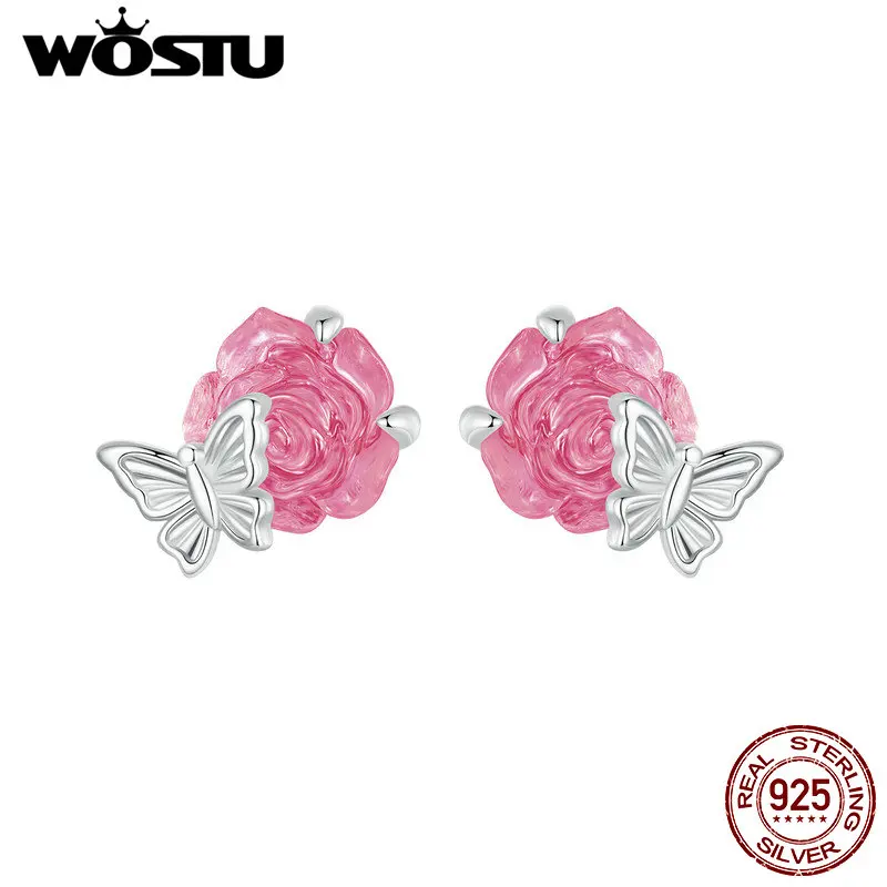 WOSTU 925 Sterling Silver Rose Flower Crystal Stud Earrings For Women Mood Stone Change Color Ear Studs Party Birthday Girl Gift