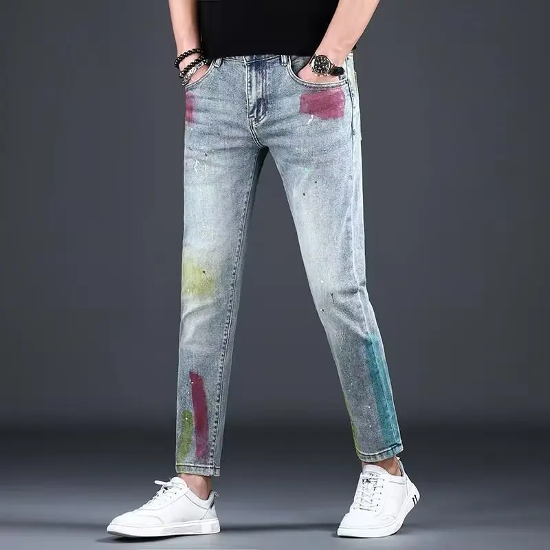 

2025 Korean Men's Casual Spring Autumn Fashion Cargo Paint Splash Graffiti Stretch Man Designer Clothes Slim-Fit Skinny Jeans