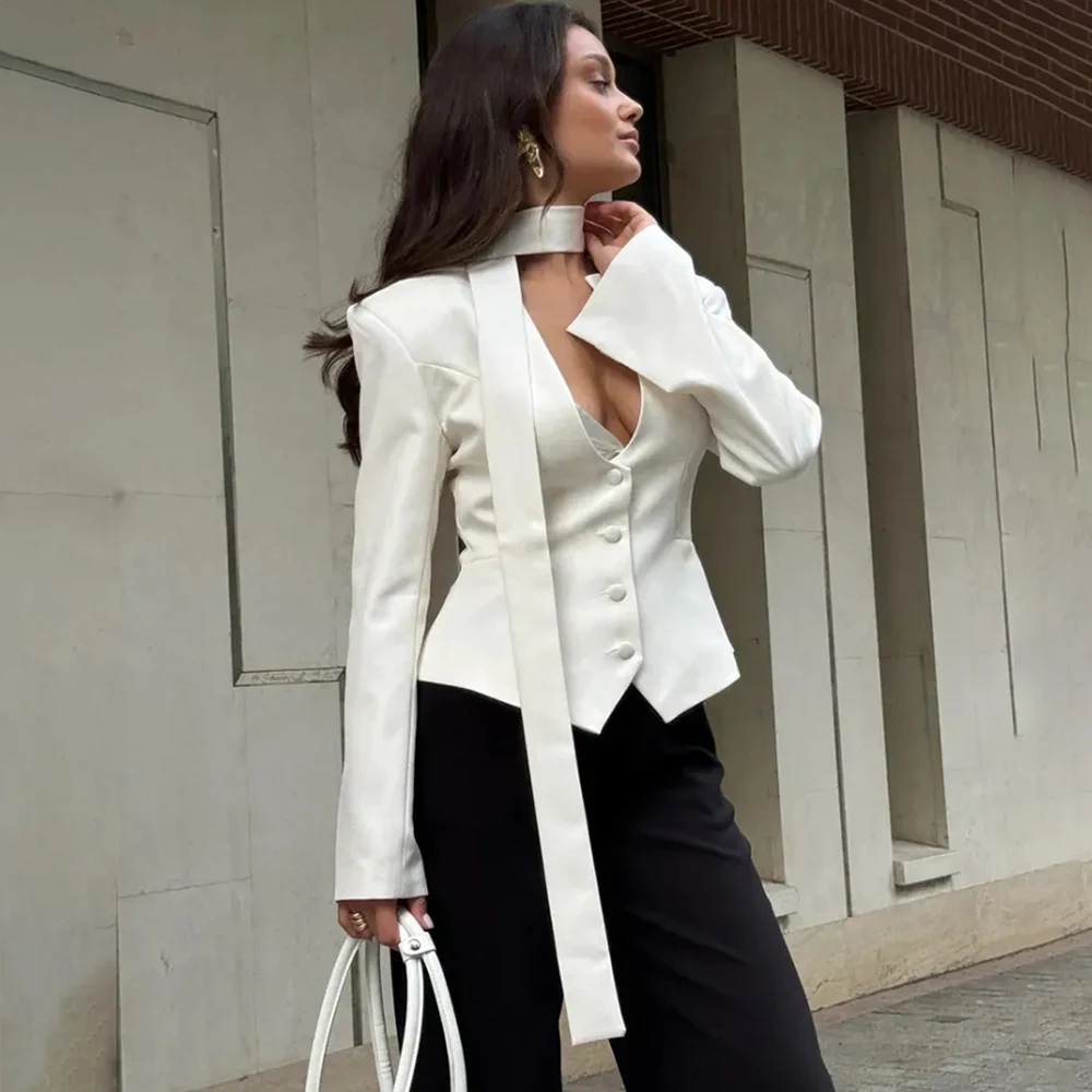 Talenza Female Fashion Blazer New Solid V-Neck Scarf Ribbon Long Sleeve Slim Blazer Elegant Luxury Chic Party Women Blazer Coats