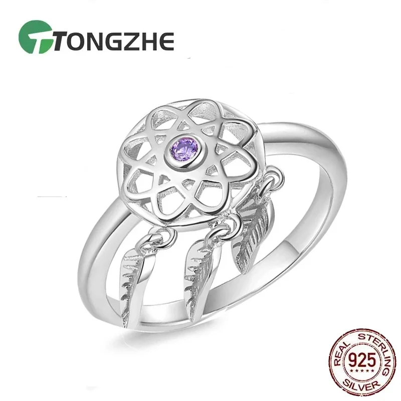 

TONGZHE Charm Brand Rings For Women Purple CZ 925 Sterling Silver Jewelry Dream Catcher With Pendant Wedding Rings