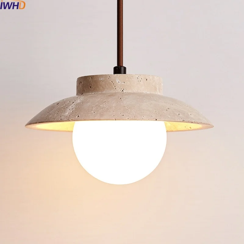 

IWHD Japanese Style LED Hanging Lamp Cave Stone Living Room Bedroom Restaurant Yellow Travertine Pendant Lights Home Decoration