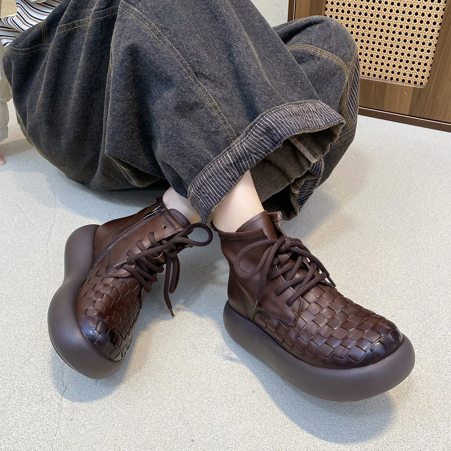 

Birkuir Retro Weave Thick Heel Ankle Boots For Women Lace Up Zip Short Boots 5.5cm Luxury Genuine Leather Flat Platform Shoes