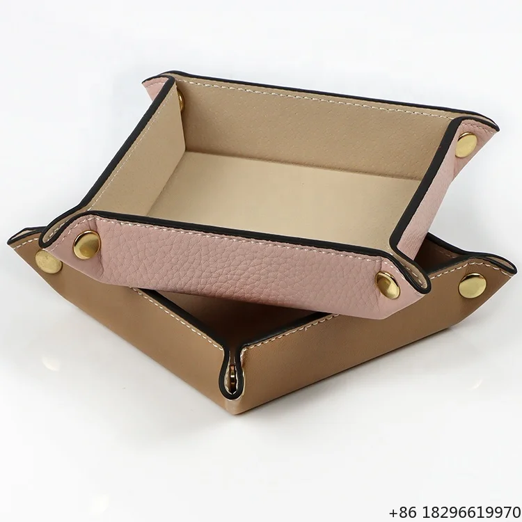 Fast Delivery in Stock Foldable Desktop Storage Vegan Leather Tray Small Brown and Pink PU Leather Valet Tray Organizer