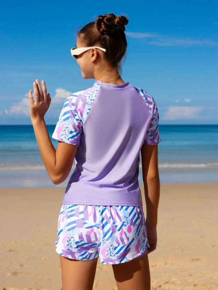 الفتيات الاطفال ملابس السباحة 2026 جديد الأرجواني إلكتروني قصيرة الأكمام ملابس سباحة للأطفال الصيف السراويل 2 قطعة بحر ثوب السباحة السباحة