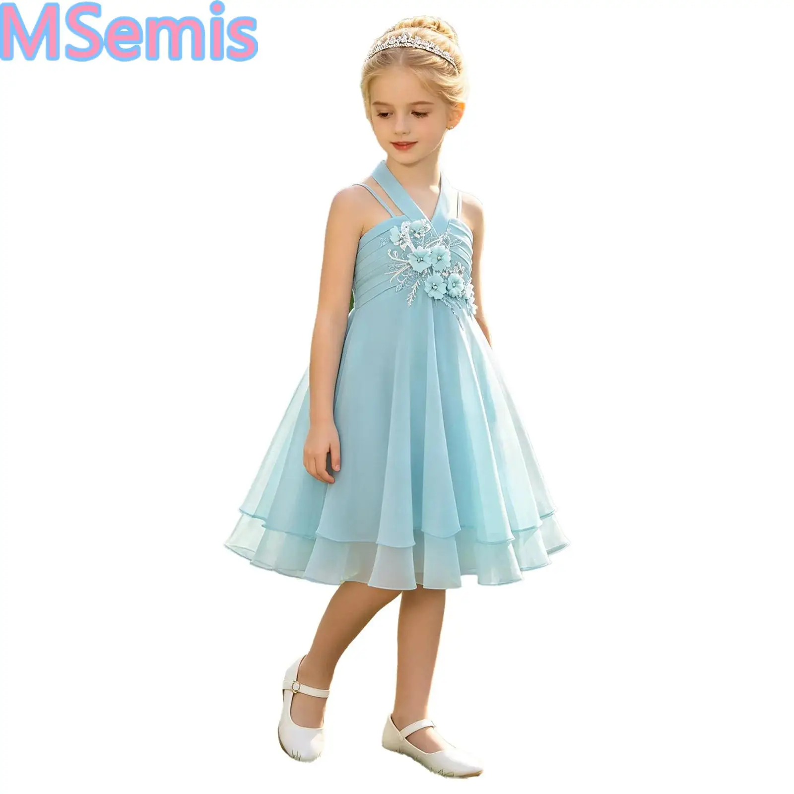 Elegant Kids Girls Flower Girl Dress for Wedding Party Pageant Floral Embroidery with 3D Applique Pleated Bodice Tiered Dress