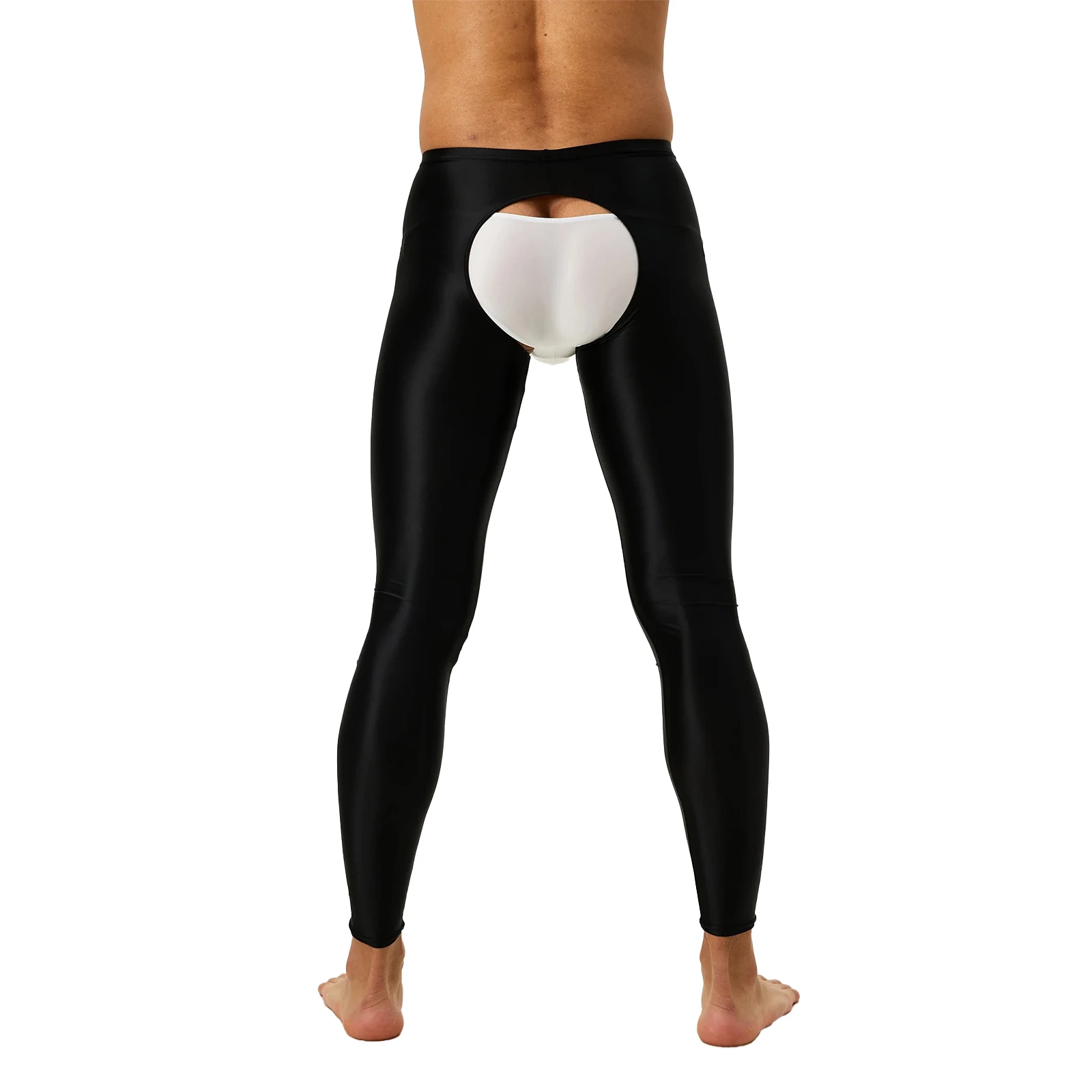 Erkek Yağ Parlak Açık Kasık Tayt Pantolon Yüksek Bel Slim Fit Crotchless Tayt İç Gece Kulübü Dans için Baselayer Pantolon