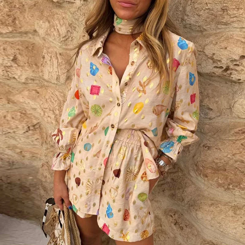 

Элегантный свободный комплект из двух предметов с узором и принтом, модная рубашка на пуговицах с лацканами и короткие брючные костюмы, женские повседневные наряды с длинными рукавами для вечеринок