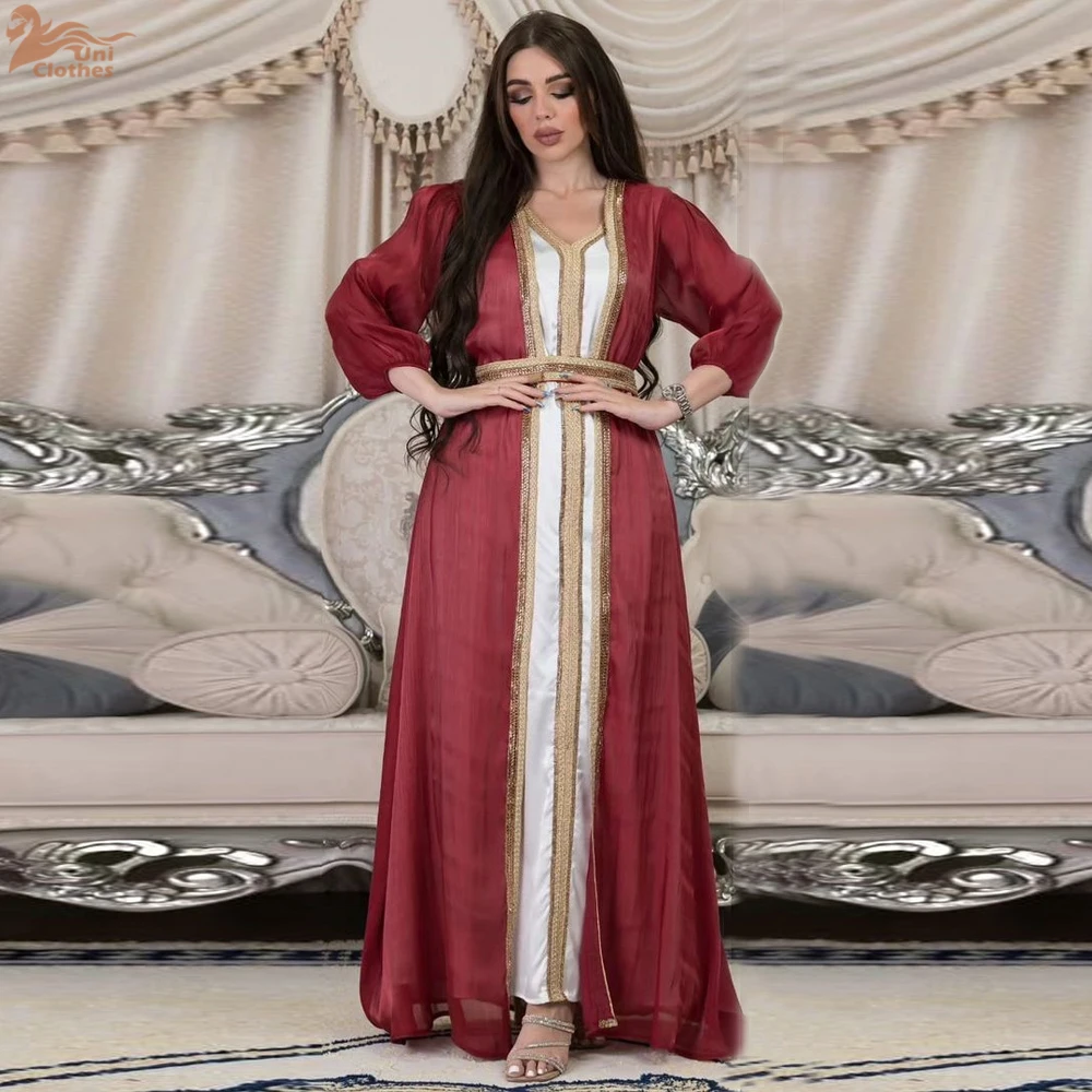 Caftano marocchino di lusso 2025 raso di seta elegante manica a lanterna 3 pezzi abito diamanti Abaya set musulmani abiti Ramadan per le donne