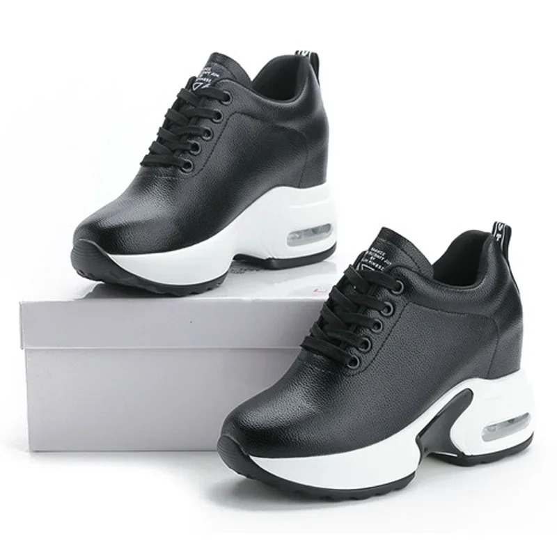 Invisible High Heels Women Wedge Casual Shoes Leather Lace Up Platform Sneakers Spring Black Flat Vulcanization Sports Shoe