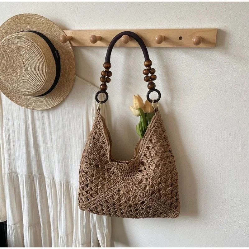 Hohl gestrickte Häkel-Schultertasche, Damen Casual Colorblock Handtasche für den Arbeitsweg, Leichte Sommer-Reisetasche – Detail 2