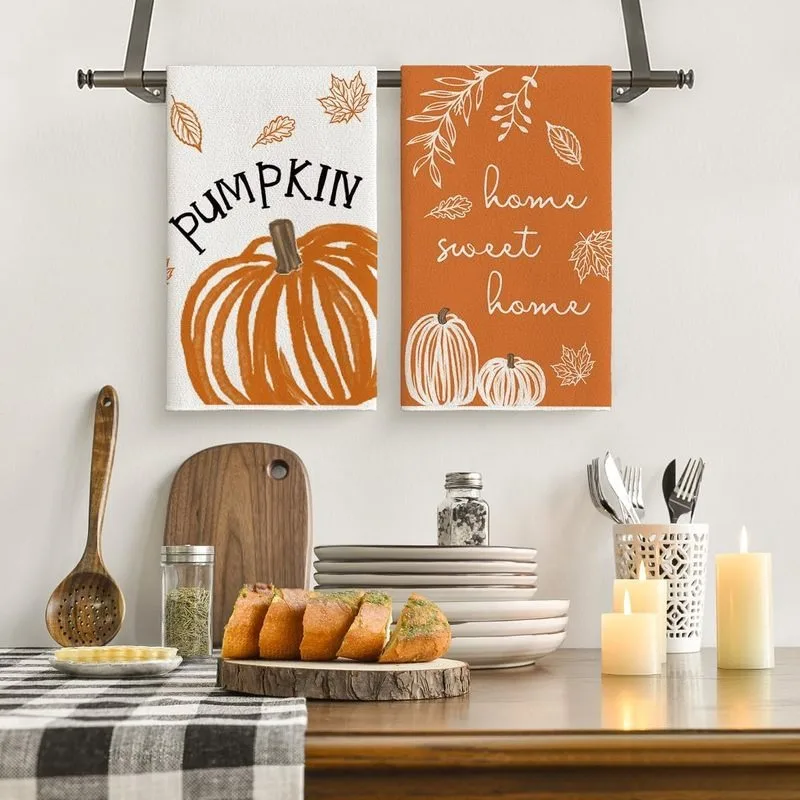 4Pcs, Warm Orange Hand-Painted Line Drawing Pumpkin Kitchen Towels, Washable Household Cleaning Cloths, Simple Autumn Leaf Decor, Thanksgiving Day Gift