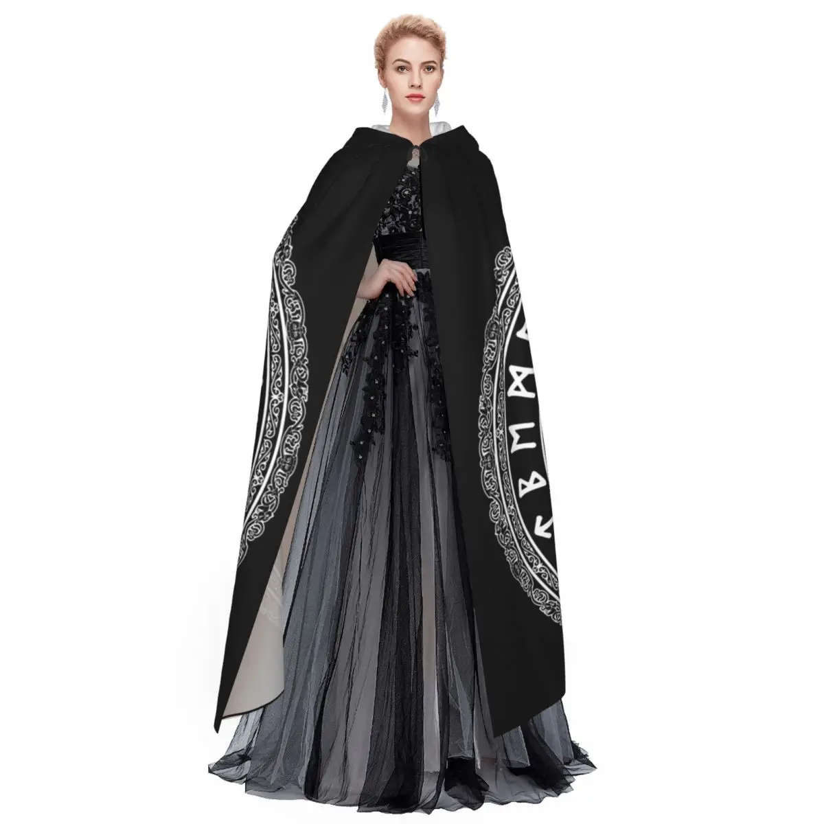 Mantello lungo con cappuccio celtico vichingo nordico norreno Costume medievale da strega Mantello cosplay Cappotto di Halloween Adulto unisex