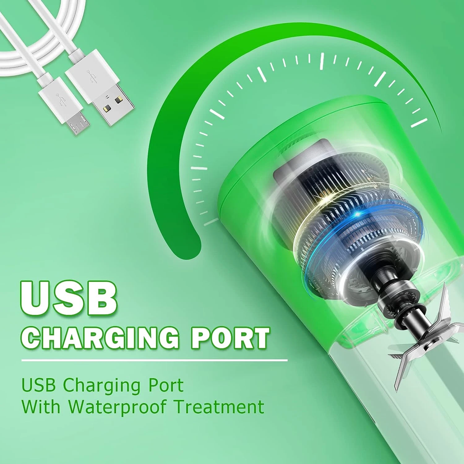 Green Mini Portable Blender with One-Touche Operation, USB Rechargeable, 6 Stainless Steel Blades - Handheld Personal Size for S