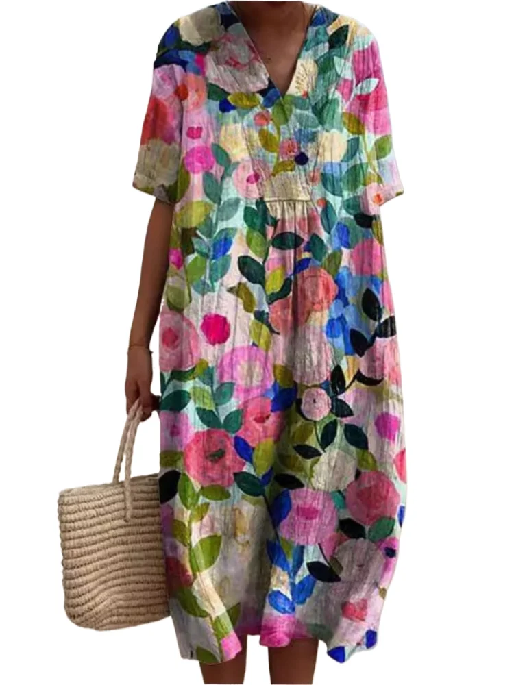 

Summer Loose Print Women Dress New Fashion V Neck Short Sleeve Beach Party Dresses Femlae Holiday Elegant Dress Robe Femme