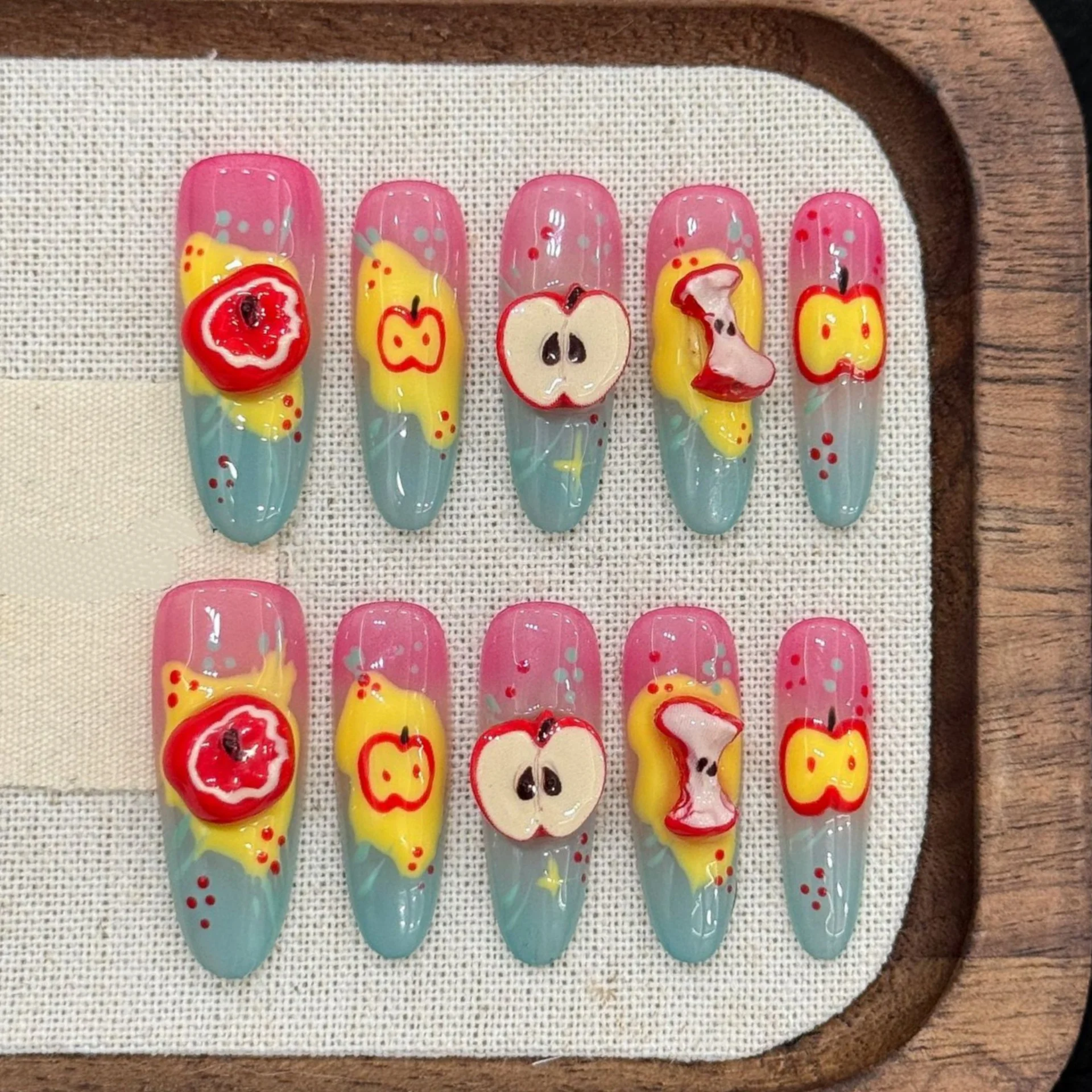 

10pcs Gradient Colorful Handmade Press on Nails Art Cute Apple Pattern Design Long Oval False Nails Tip Detachable Fake Nail Set