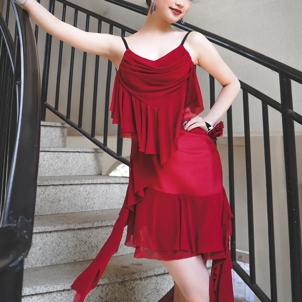

New dress Red Samba Practice Suit Women's Ruffled Performance Ballroom Dance Sling Irregular Sleeveless Backless