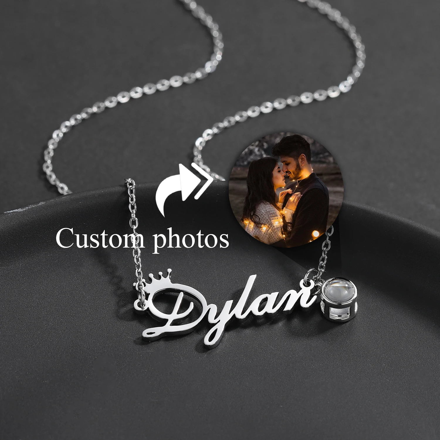 

Personalized Crown Name with Projection Pendant Stainless Steel Custom Couple Family Baby Photo Necklace Custom Name Necklace