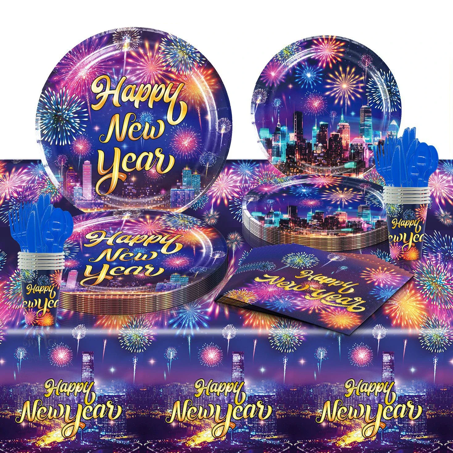 Night View Fireworks  Happy NEW YEAR Theme Birthday Party Decorative Disposable Tableware Background Baby Shower Kid Girl Gift