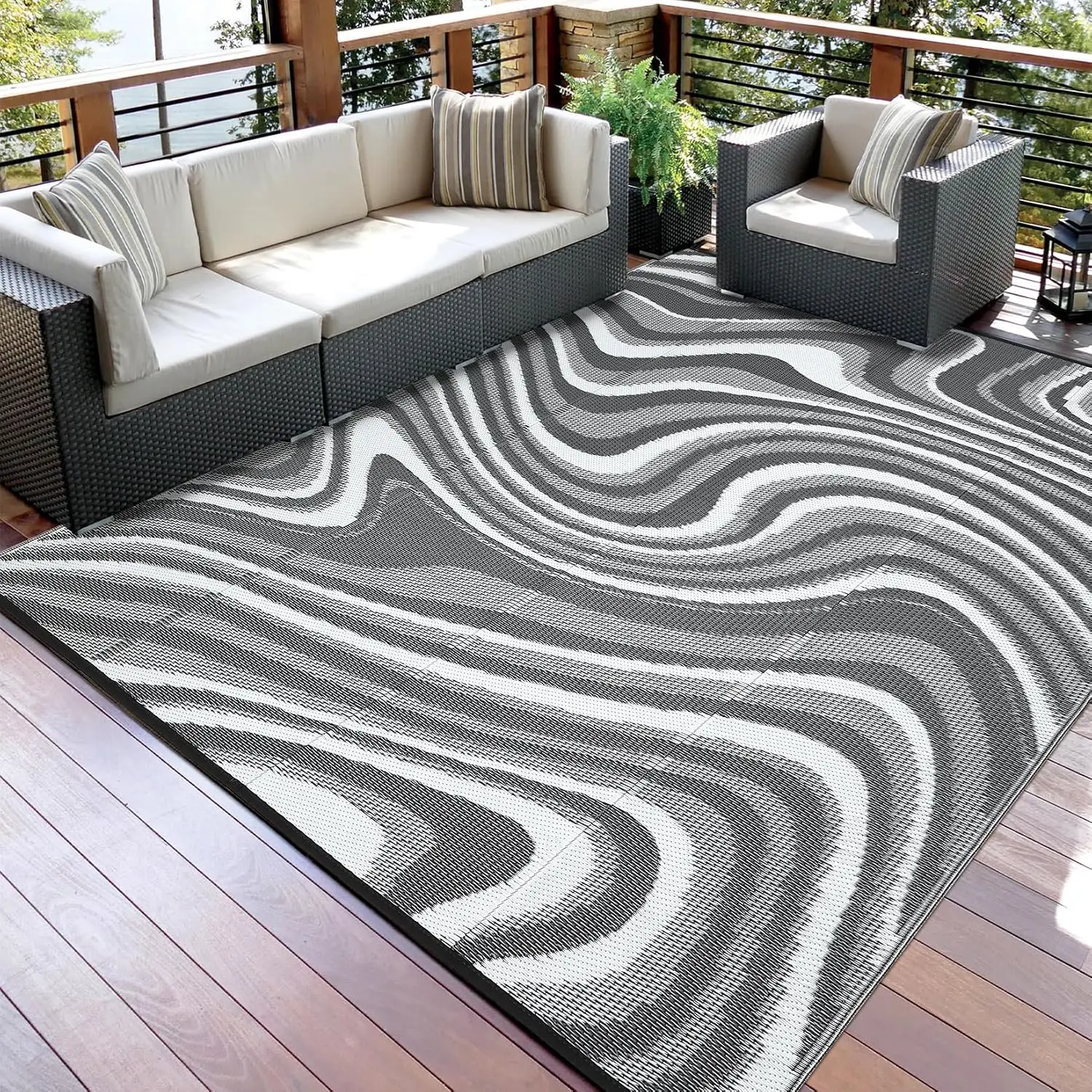 Garvee Waterproof Outdoor Rug 10x14ft Abstract Outdoor Camping Rug with Portable Bag Large Reversible Plastic Straw Foldable Lightweight UV Resistant Rugs for Picnic Backyard RV Beach