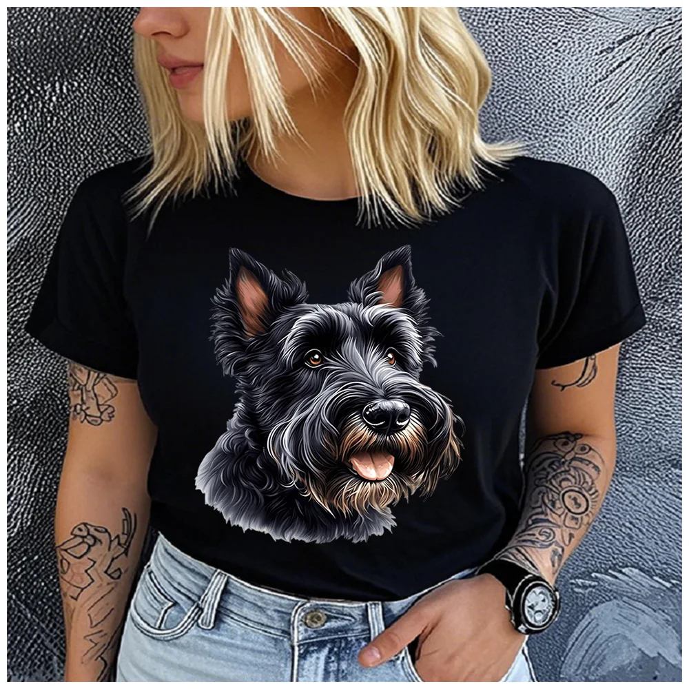 Cotton 100% Realistic Scottish Terrier Dog Portrait Print Women T Shirt Scottie Puppy Graphic Pet Lover Casual Short Sleeve Tee