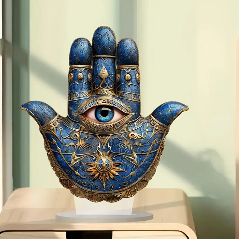 Mano de mal de ojo, decoración de escritorio acrílica plana 2D única, símbolo de meditación ligero, arte de geometría sagrada, adornos de escultura espiritual