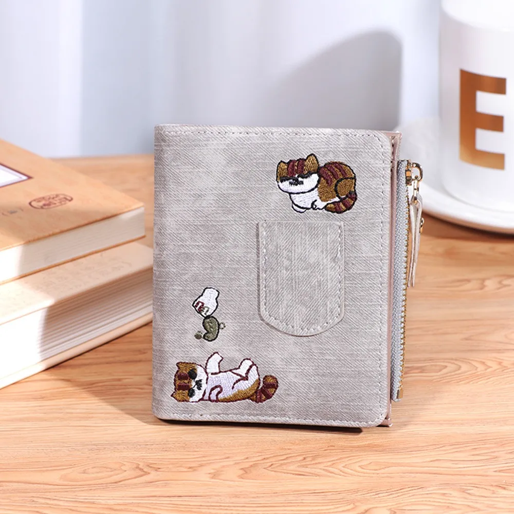 

Casual Korean Style Embroidered Cat Wallet Purse Short Clutch Coin Pouch Ultra Thin Multi Slot Canvas Card Bag Men