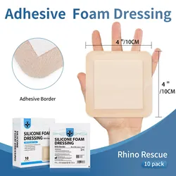 RHINO RESCUE Silicone Foam Dressing with Border, 4''x4'' 10 Pack Waterproof Wound Care Bandage, High Absorbent Pad for Bed Sores