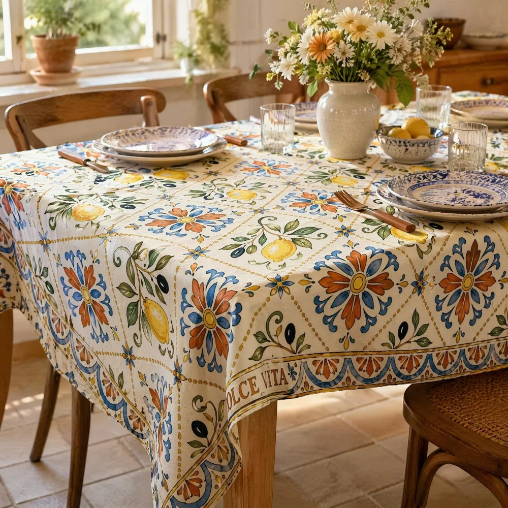Boho Lemon Floral Tablecloth Multi Size Non Waterproof Rectangular Dining Table Cover Vintage Italian Countryside Home Decor