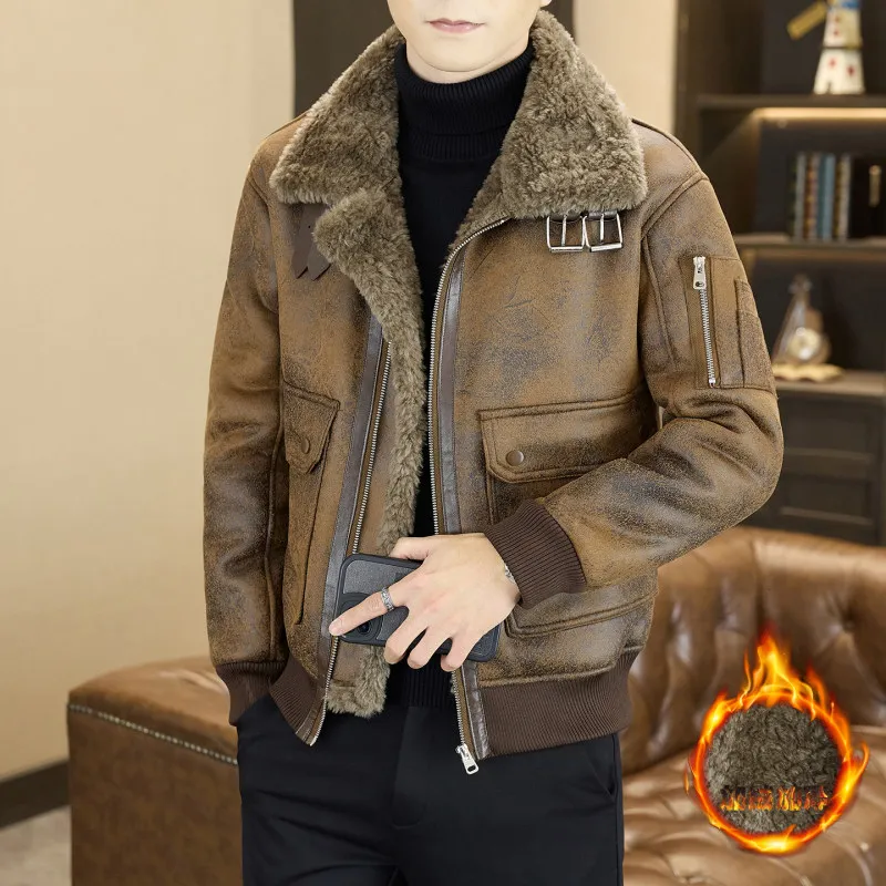 

High Quali Winter Motorcycle Leather Jaet Warm Thiened Faux Fur Collar Loose Outerwear Men's Biker Coat with Polyester ...