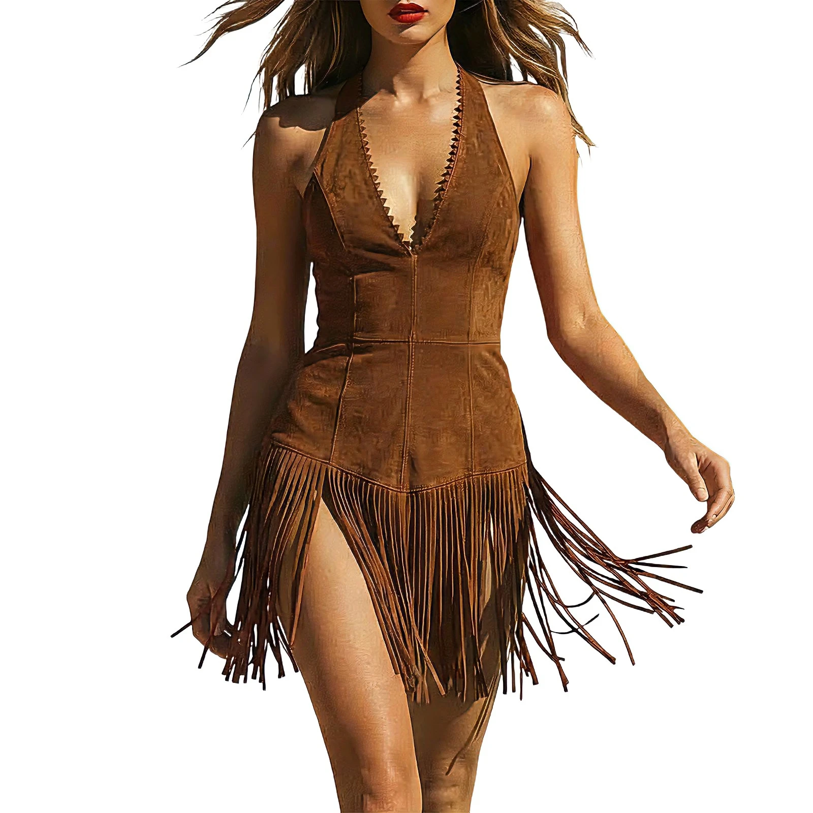 

Women's Suede Fringe Bodycon Dress Deep V Halter Sleeveless Party Nightclub Outfit