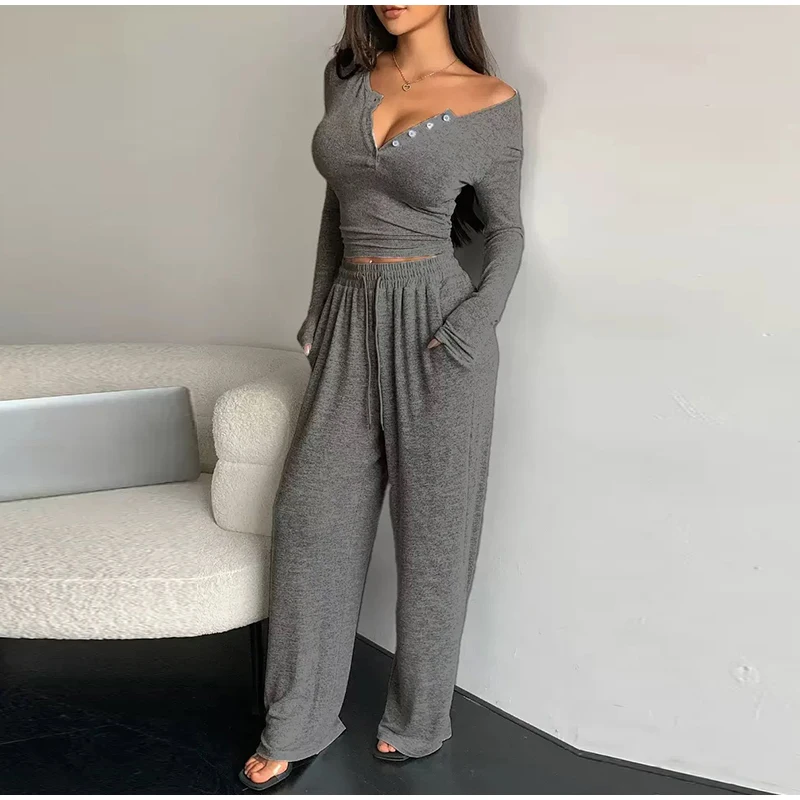 

Осенние пижамы на пуговицах с длинными рукавами, которые можно на улице, с v-образным вырезом, сексуальная женская домашняя одежда, однотонные брюки с длинными рукавами, комплект пижам