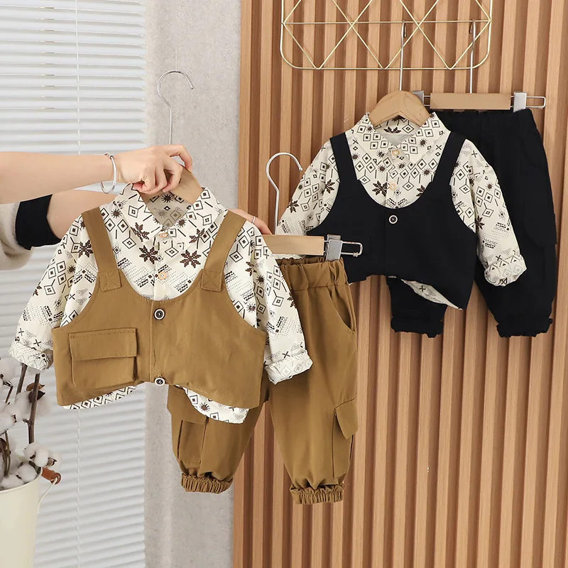 2024 Spring Baby Outfits for Boy Clothes 1 To 2 Years Korean Fashion Single Pockets Vest + Shirts + Pants 3PCS Toddler Boys Suit image 4