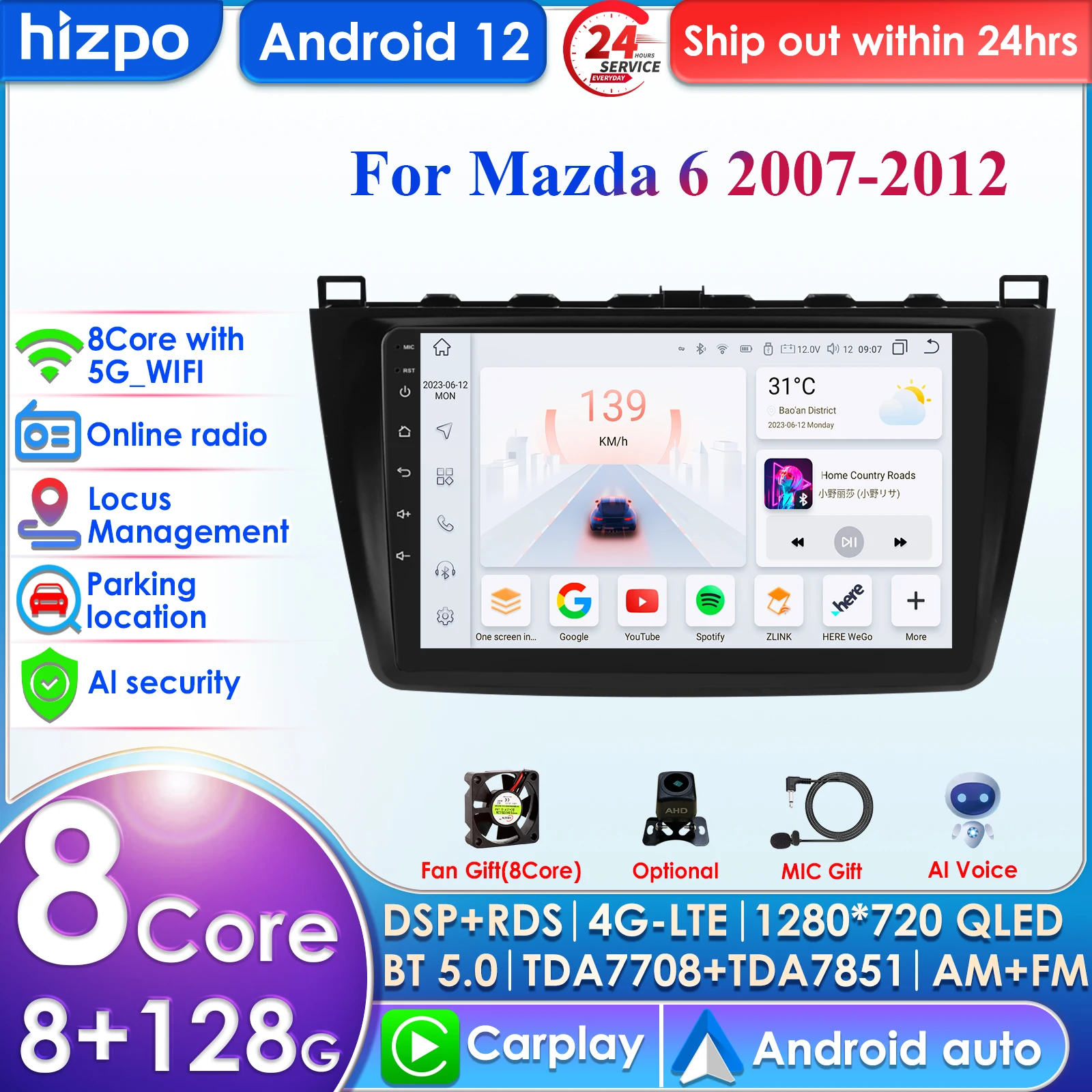 

Hizpo 4G 9'' AI Intelligent System Wireless CarPlay Android Auto Radio for Mazda 6 2007 - 2012 Car Multimedia GPS 2din Autoradio