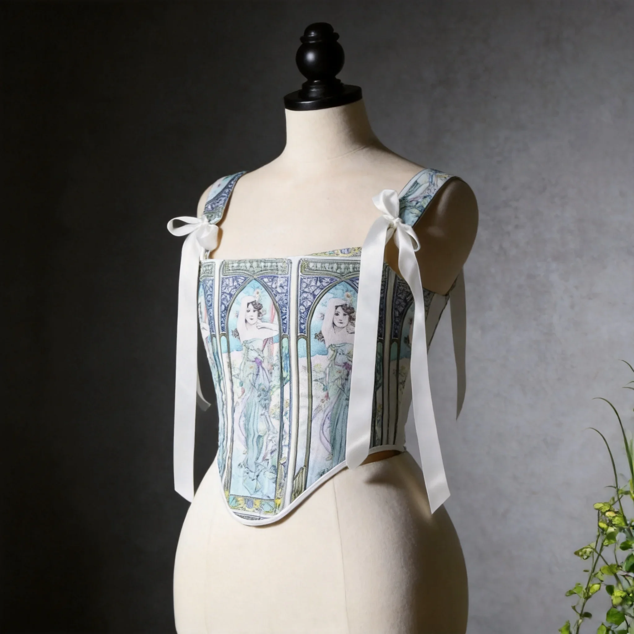 Women Vintage Oil Painting Print Corset Vest Double Layer Lace Up Boned Overbust Bustier Shaping Tops Stage Costume