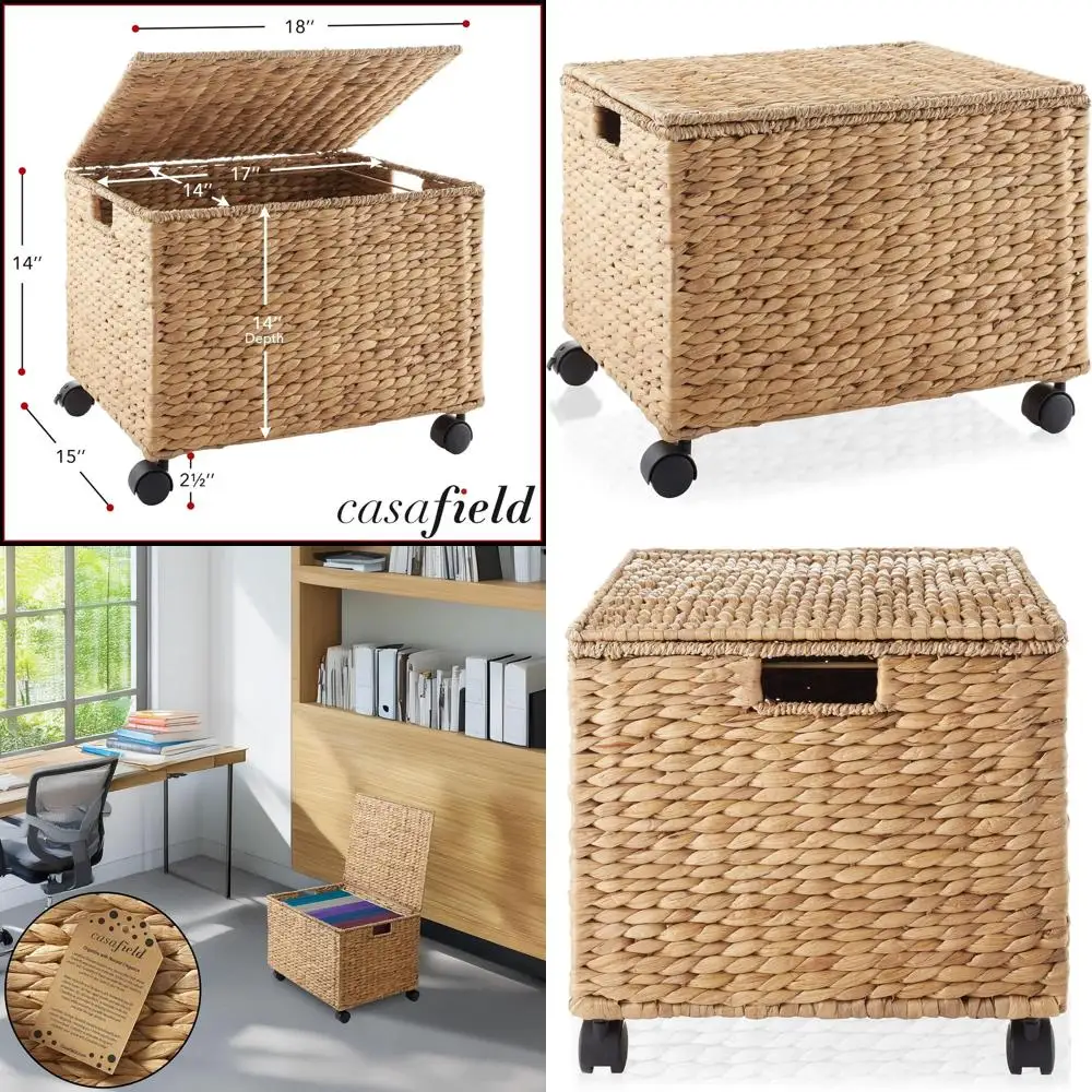 

Natural Water Hyacinth Rolling File Cabinet with Lid, Locking Wheels, and Home Office Hanging Folder Storage