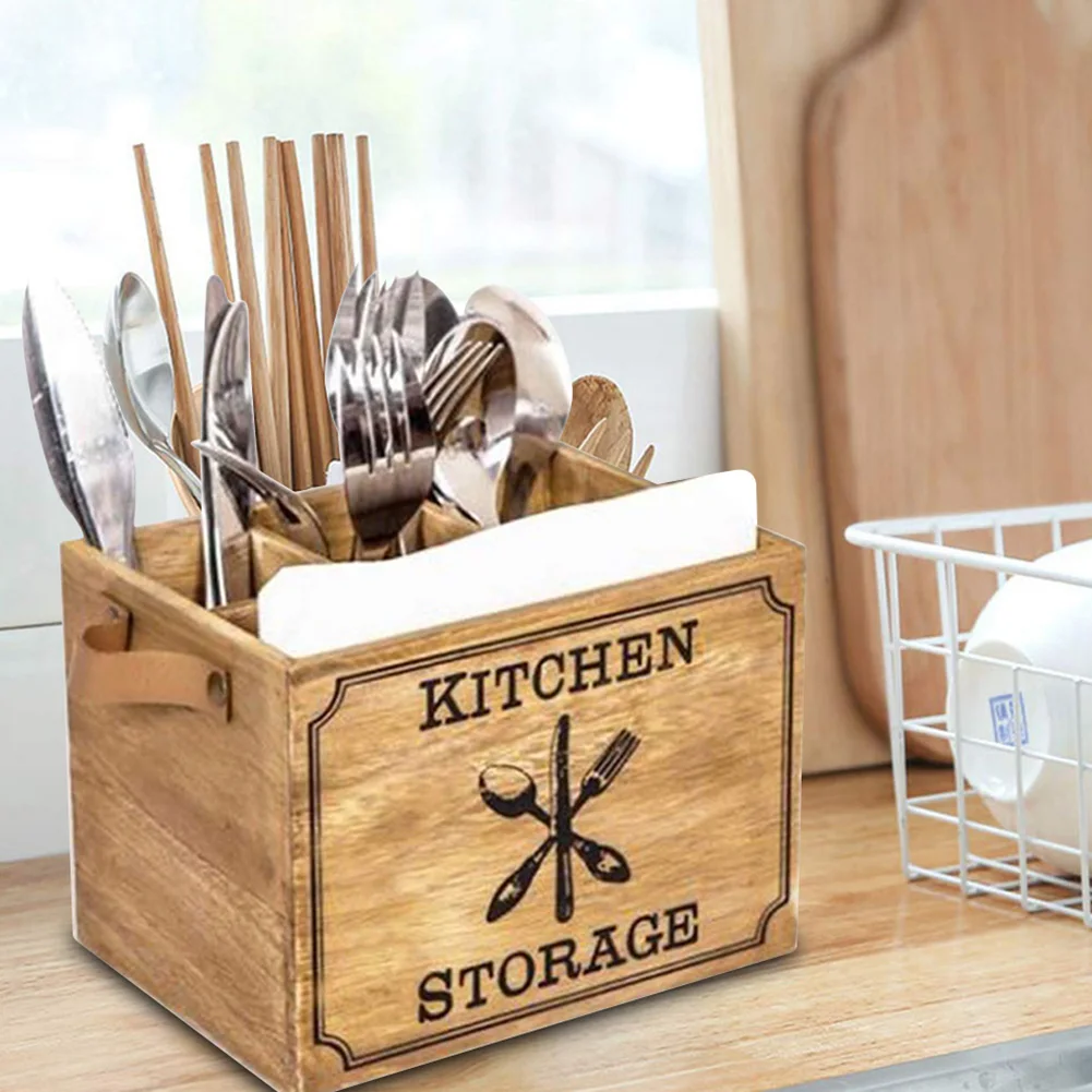 Table Wooden Utensil Box Cutlery Basket Table Utensil Holder Kitchen Napkin Holder Wooden Organiser for Cutlery Fork Knife Hold view 2