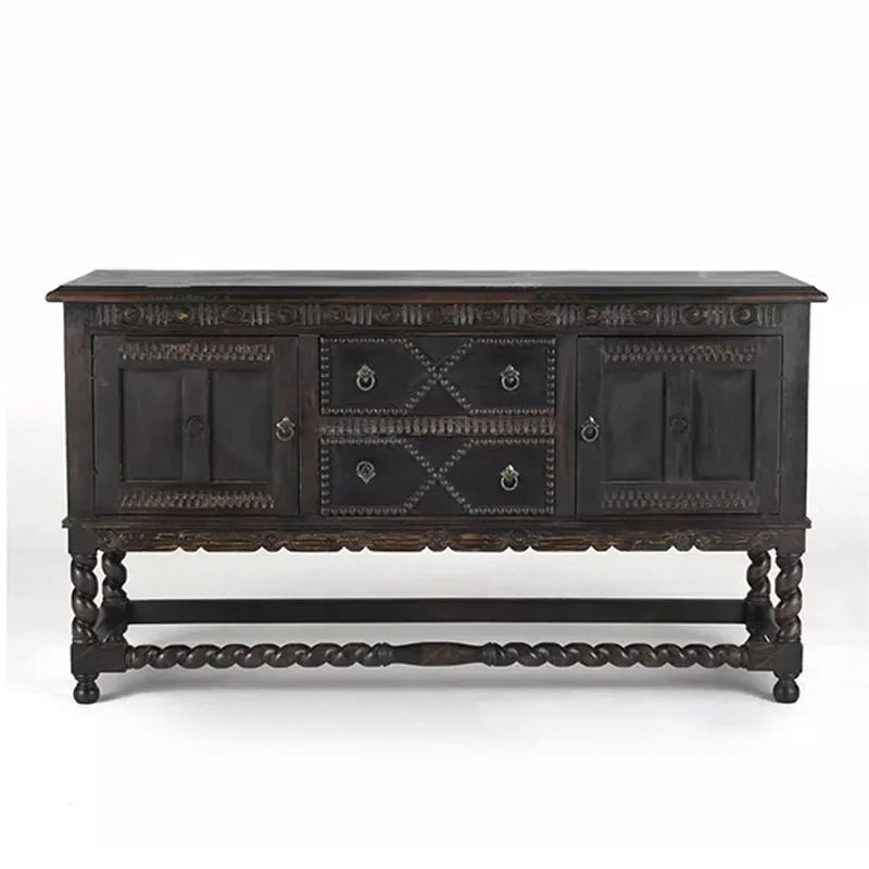 Indoor French Retro Solid Wood Dining Side Cabinet Simple Antique Style Old Carved Storage