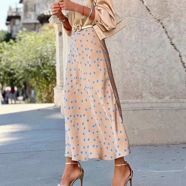 Women Fashion Dot Print Pleated A-Line Midi Skirt Vintage High Elastic Waist Female Chic Lady Skirts Holiday Casual Midi Skirt