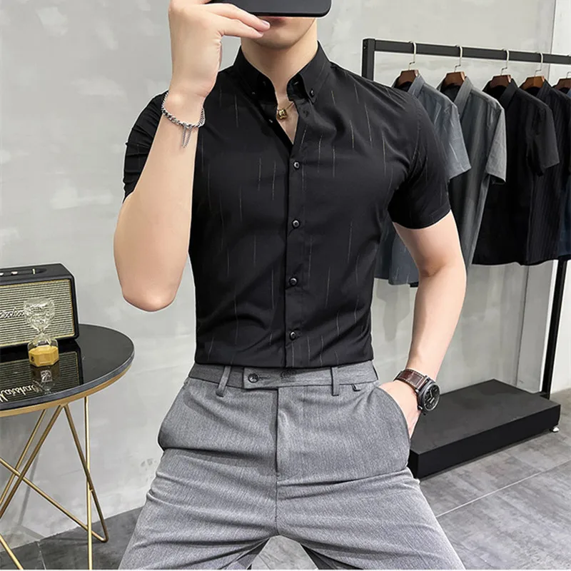 2023 Brand Clothing Men\'s Summer Leisure Stripe Short Sleeve Shirts/Male Slim Fit Business Lapel Shirts Black White S-5XL