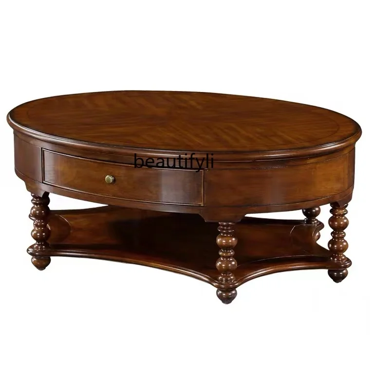 Solid Wood Carving Retro Coffee Table Distressed Light Luxury and Simplicity Coffee Table with Tea Table Drawers