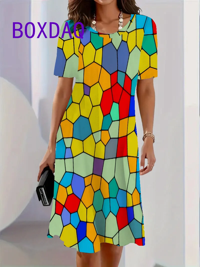 Colorful Block Pattern Print Women Dresses Casual Summer Short Sleeve O-Neck Loose A-Line Dress Street Fashion Female Sundress