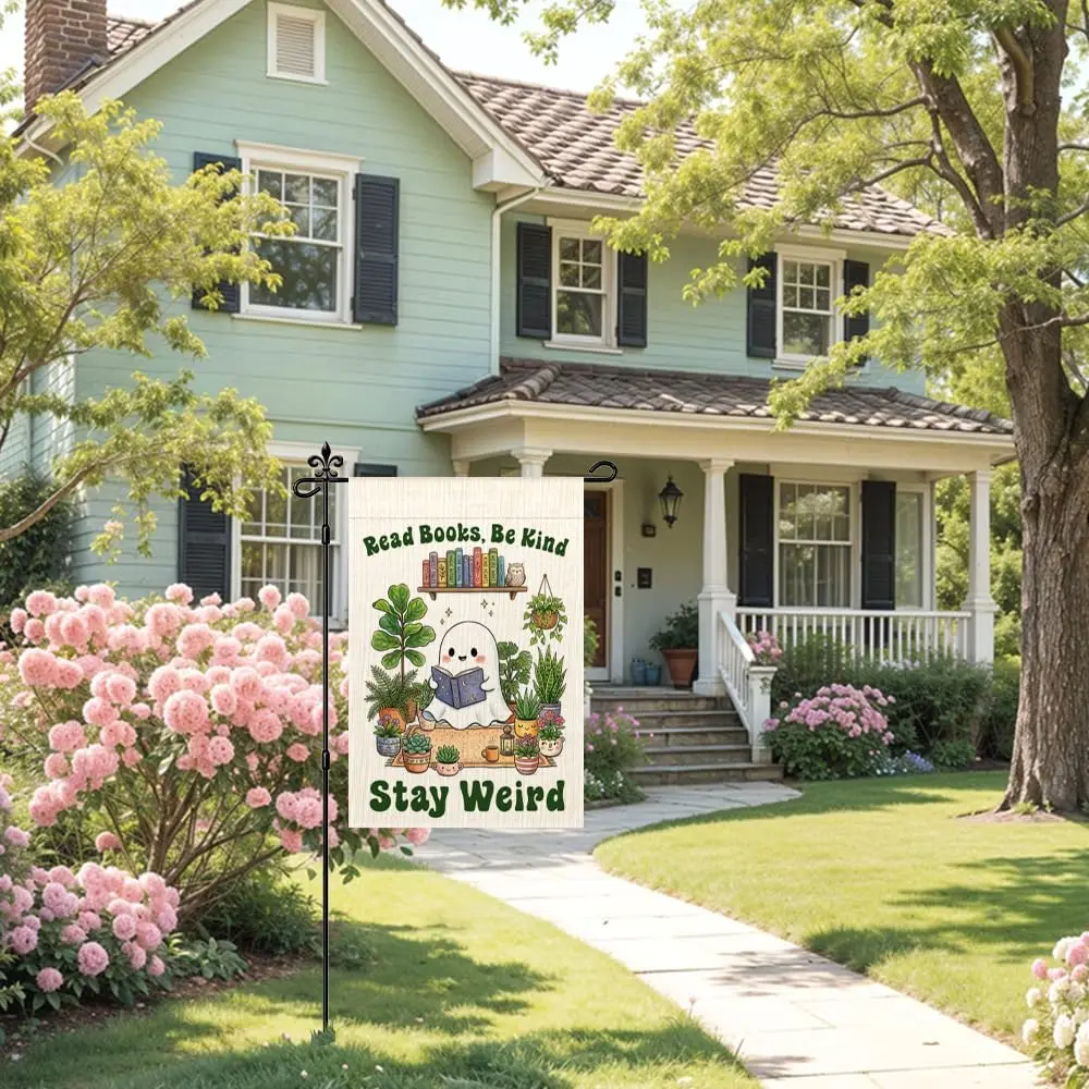 Read Books Be Kind Stay Weird Garden Flag Double Sided Yard Outdoor Decoration 12x18 Inch, Reading Cute Ghost Outdoor Yard G PPZ