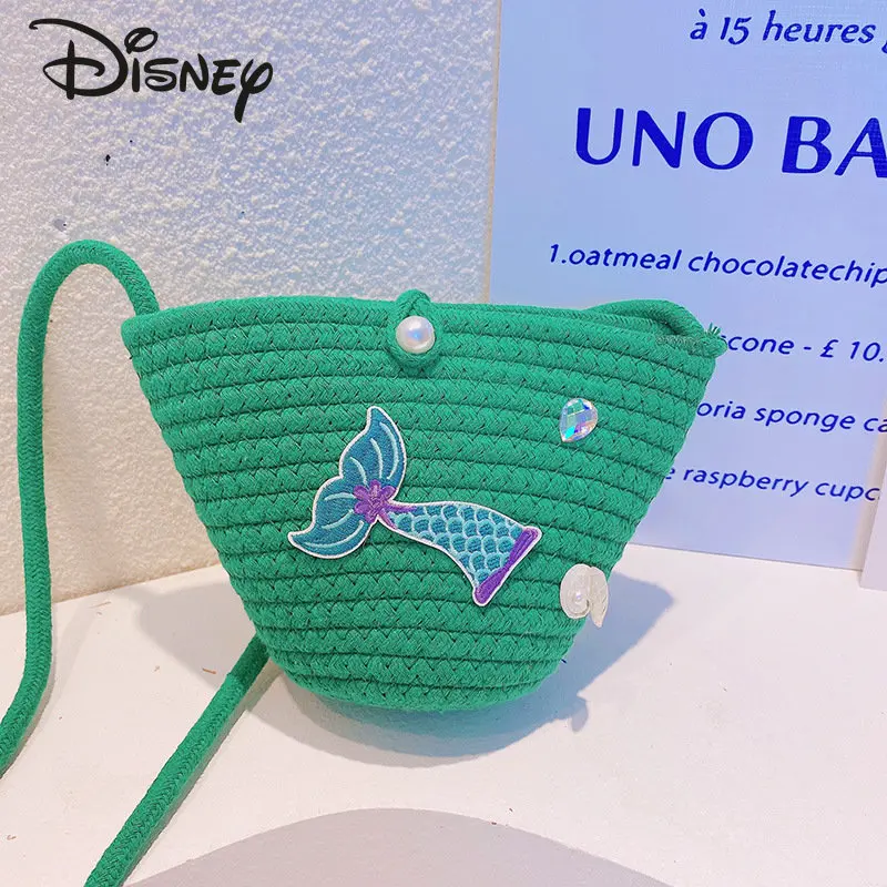 Disney Mermaid New Cotton Thread Woven Women's Bag Fashion Cartoon Seaside Casual Bag Multi Functional Crossbody Mini Bag