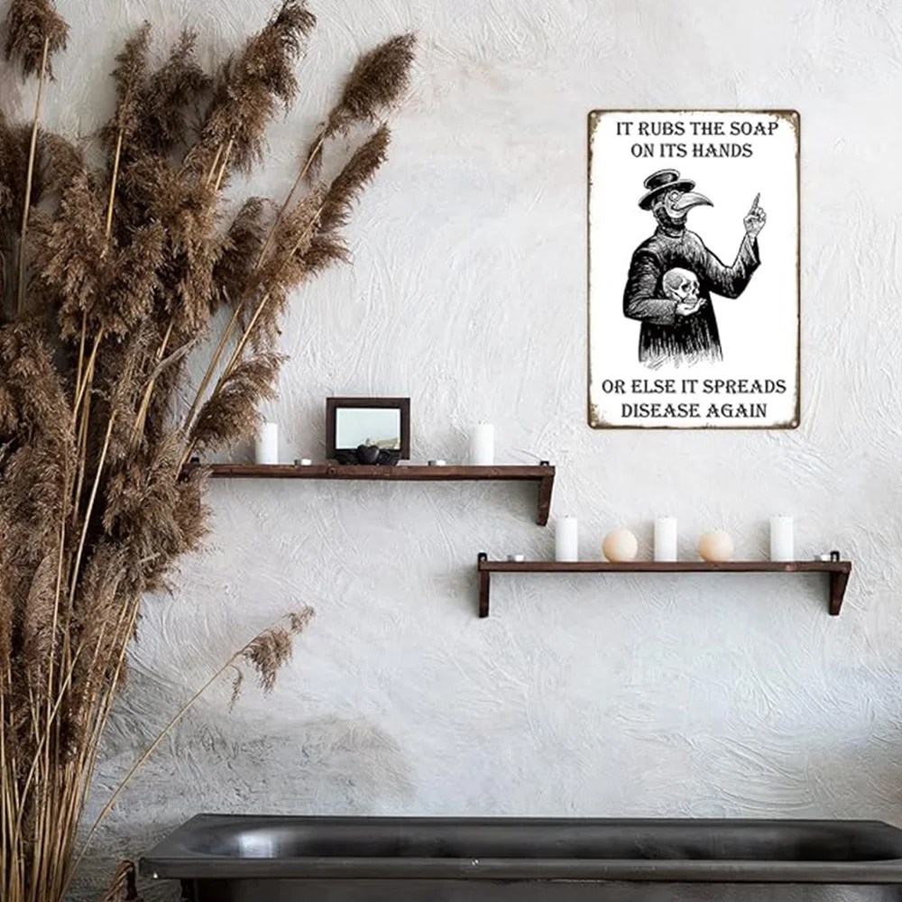 

1pc Vintage Tin Sign It Rubs The Soap Metal Vintage Decoration Skeleton Sign Witchy Dark Humor Poster For Bathroom Bar Garden