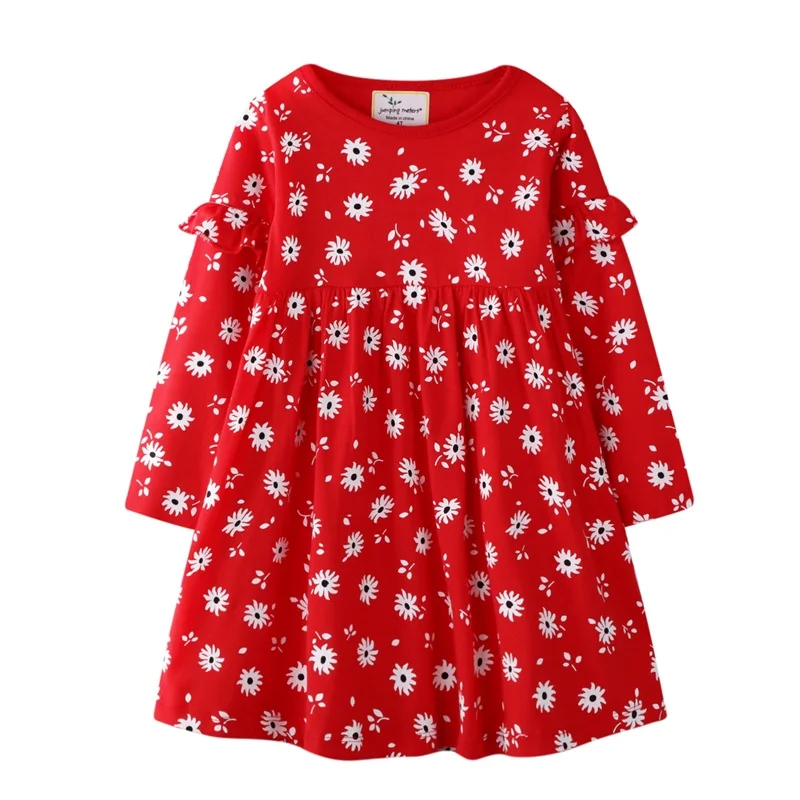 Casual Children Floral Dresses Crew-neck Splicing Long-sleeved Clothing Red Blossom Dress Girls Costume Christmas Carnival 2-7Yr